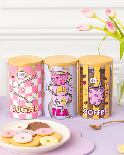Sam Jayne Tea, Coffee & Sugar Glass Canister Set